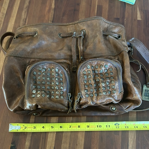 FRYE Brooke Brown Leather Studded Drawstring Shoulder Crossbody Bag - Picture 8 of 9